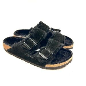 Birkenstock Arizona Sandals Shearling Black Suede Size 9 narrow EU 40